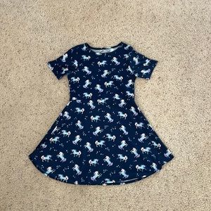 Girls blue unicorn dress. Size: L (10-12).
